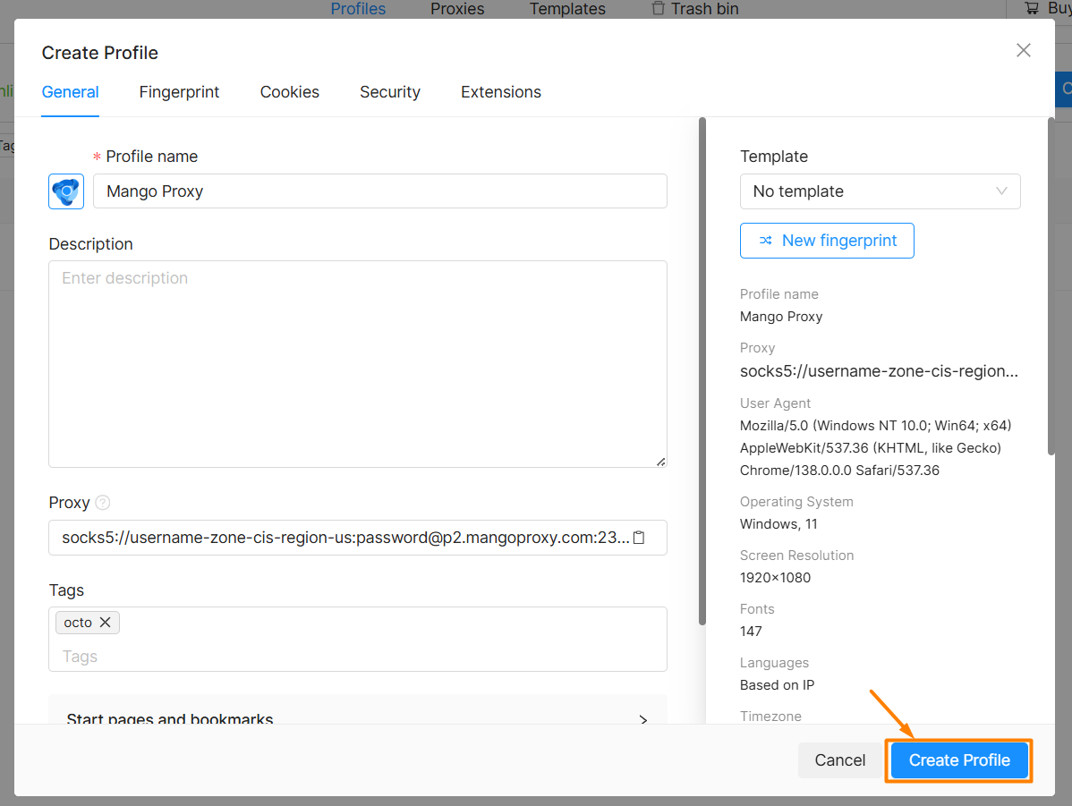 Proxy section in Octo Browser